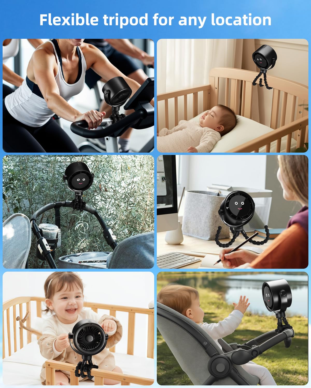 Akejrym Ventilateur de poussette portable, ventilateur personnel pour voyage, Air Turbo Tech et affichage numérique, 5 vitesses détachables, rechargeable, rotation à 360°, ventilateur trépied