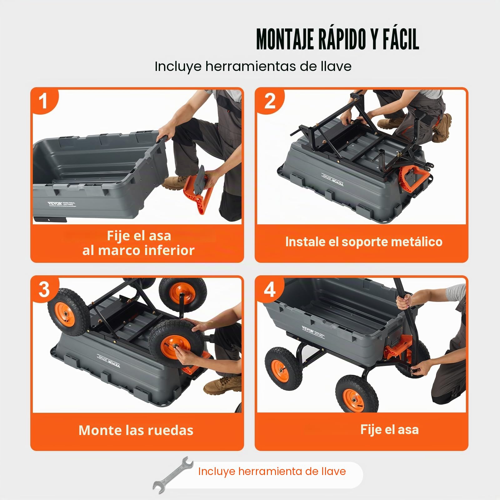 VEVOR Carro Volcador de Polietileno para Jardín con Marco de Acero Fácil de Montar, 2 en 1 Carro Volquete con Mango Convertible con Neumáticos Grandes, 544 kg de Capacidad para Jardín, Patio