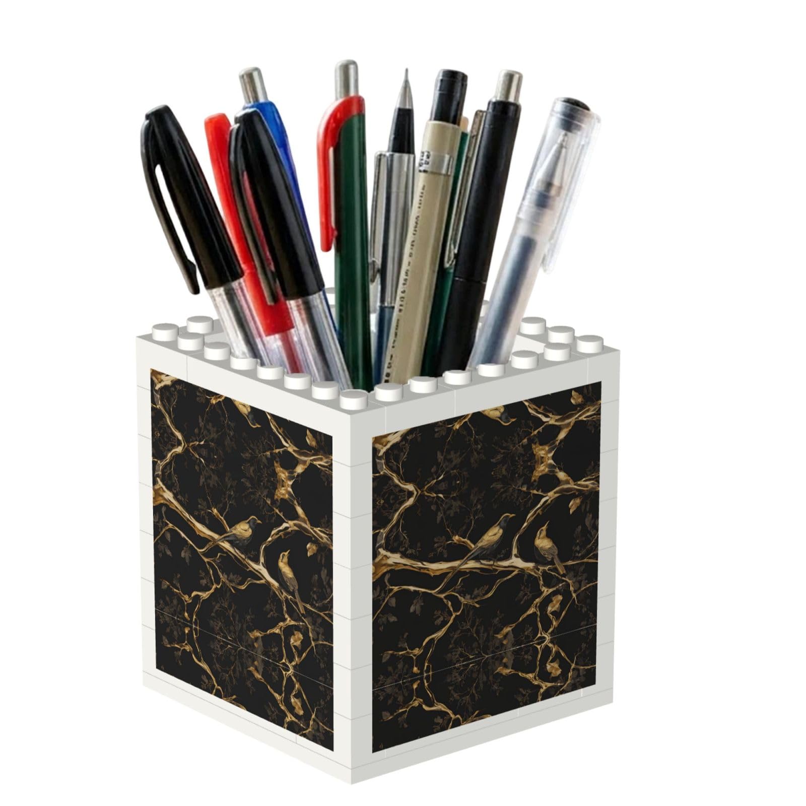 ESNAIUVCD Black And Gold Marble Bird Print Building Block Pen Holder - Pencil Holder For Desk/Classroom,Desk Accessories, Multifunctional Office Supplies Pen Organizer Pencil Cups(2pcs)