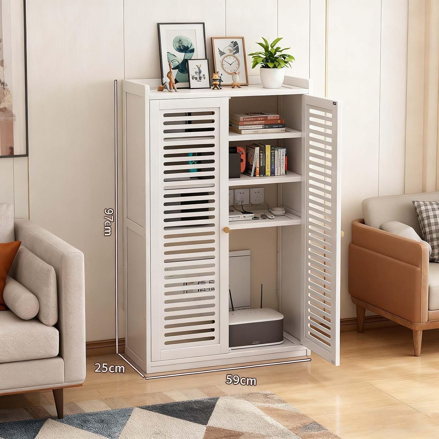 WiFi Router Box Hider Cabinet, Multi-Layer Floor Standing Storage for Home Office, Cable Management Solution for Devices (White, 59x25x97 cm)