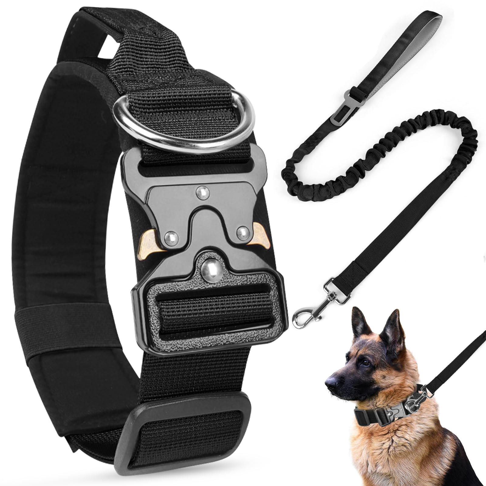 Collar Táctico Perro y Correa con Mango de Control, Ajustable Collar Perro de Nailon Acolchado con Hebilla de Metal para Perros Medianos de Grandes Caza Al Aire Libre Entrenamiento