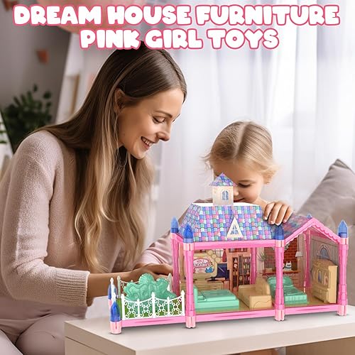 Miniatura 5 de Casa de muñecas Casa de ensueño para niñas, juego de construcción de casa de juegos de princesa con muñecas, accesorios de muebles, juguetes de casa