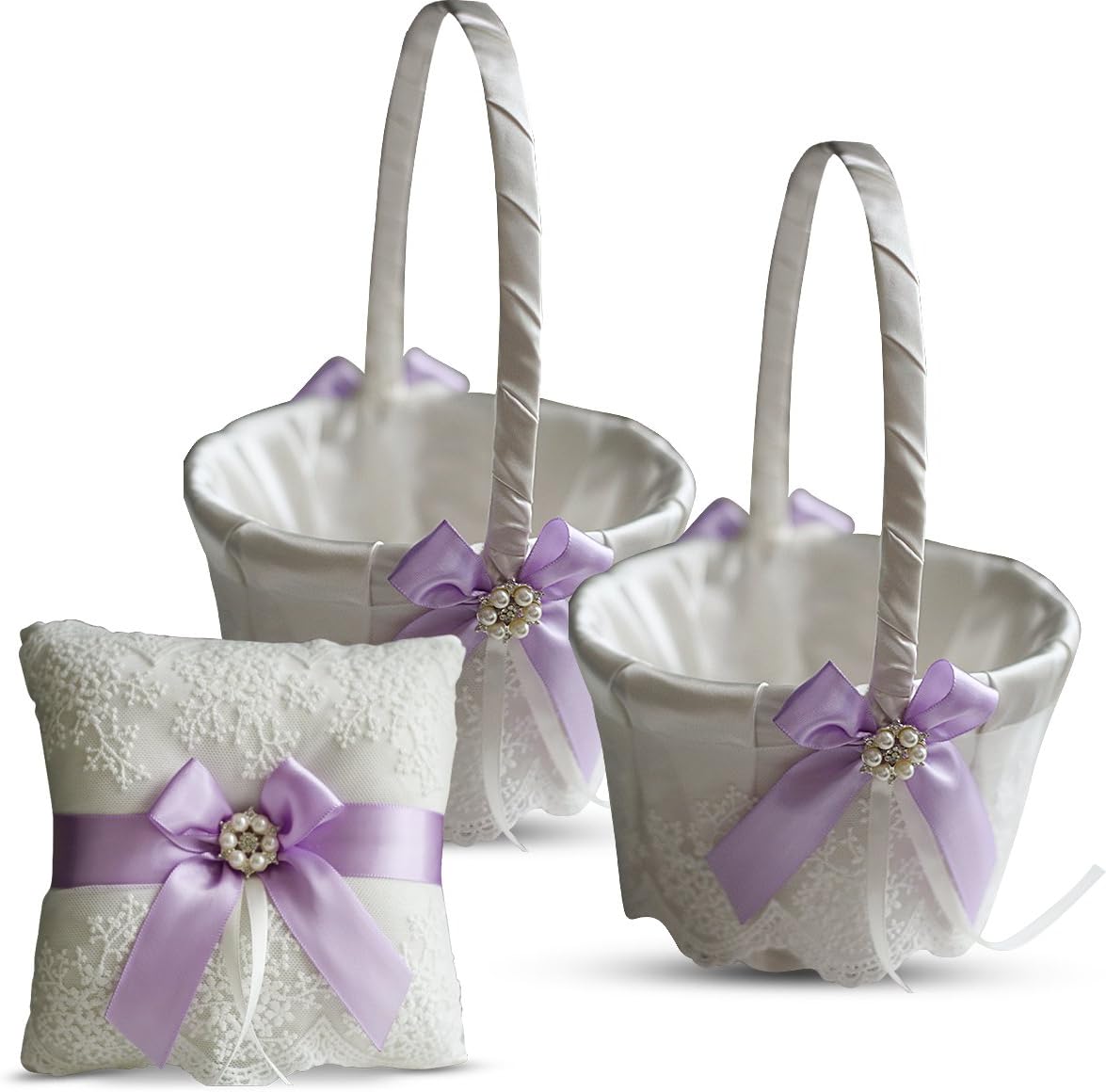 Ivory Ring Bearer Pillow and Basket Set | Lace Collection | Flower Girl & Welcome Basket for Guest | Handmade Wedding Baskets & Pillows (Violet Lilac Lavender)