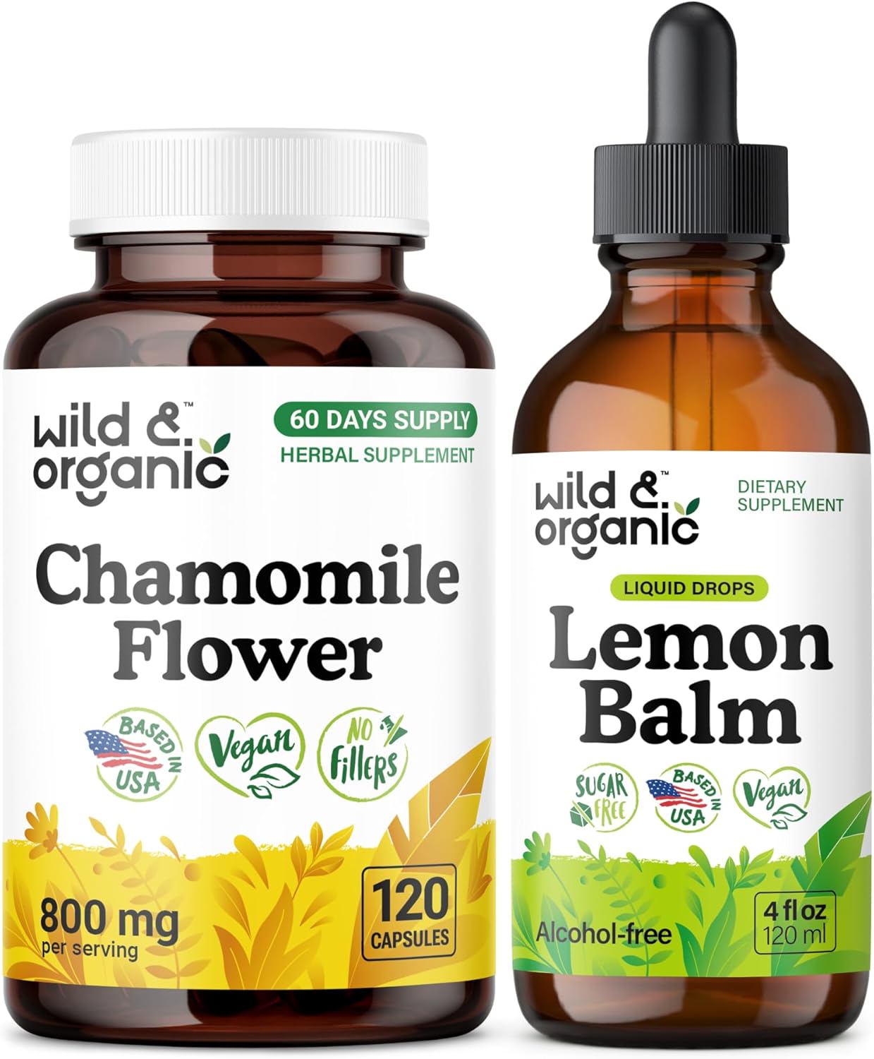 Wild & Organic Chamomile 120 Capsules & Lemon Balm Tincture 4 fl oz