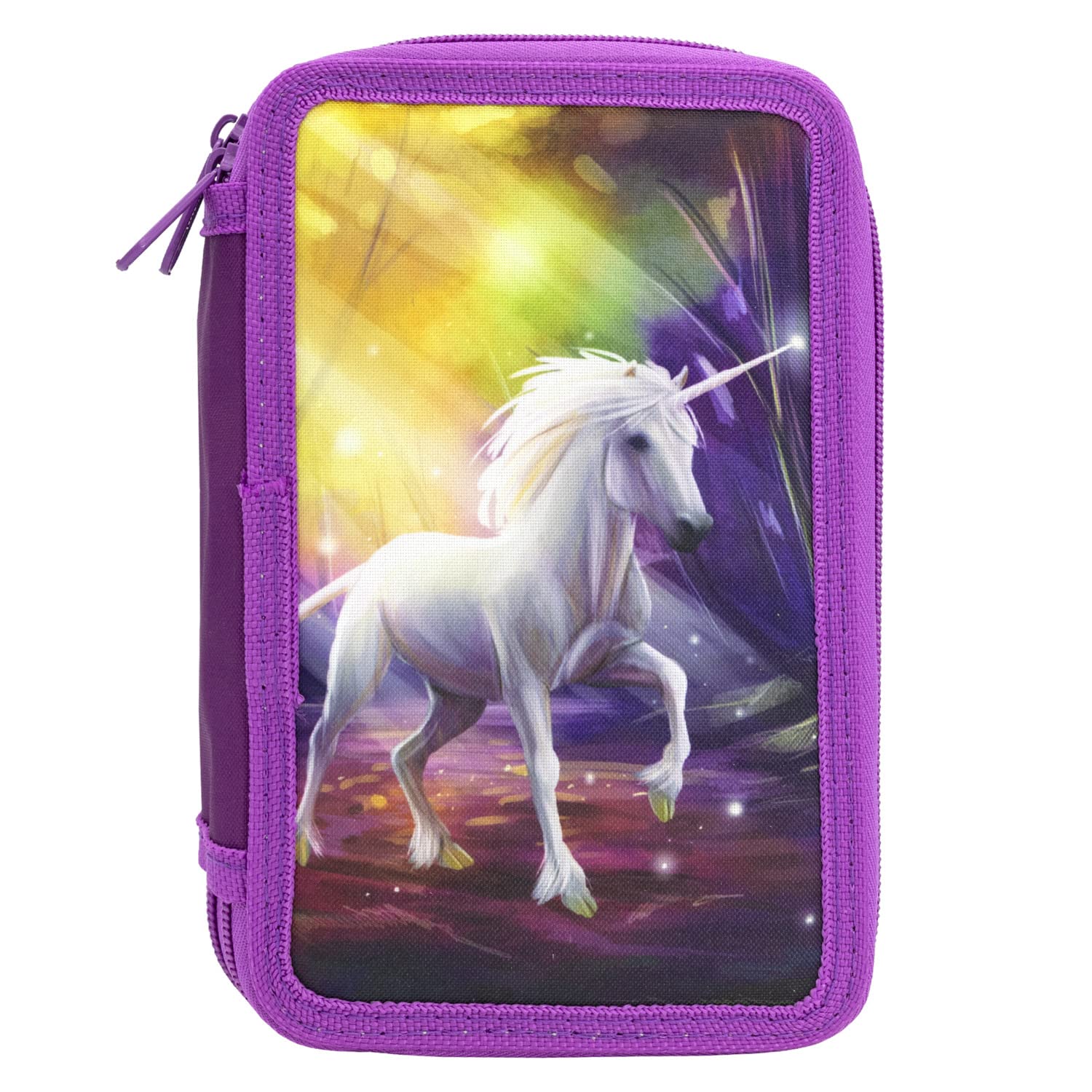 Idena 20126 - Triple Pencil Case with 3 Zip Compartments, Unicorn Design, Filled Pencil Case with 47 Pieces