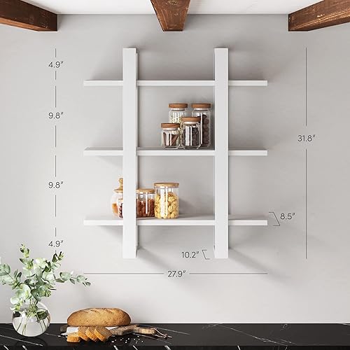 Miniatura 4 de Nathan James Estantes flotantes de pared para libros, estante de exhibición de 3 niveles, estante modular decorativo en madera blanca maciza para
