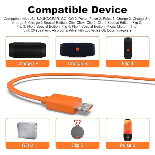 Miniatura 2 de Cable micro USB para altavoz JBL compatible con JBL Charge 3, Charge 2, Charge 2+, Flip 4, Flip 3, Flip 2, Pulse 3, Pulse 2, Go 2, Clip 2, Clip 2,