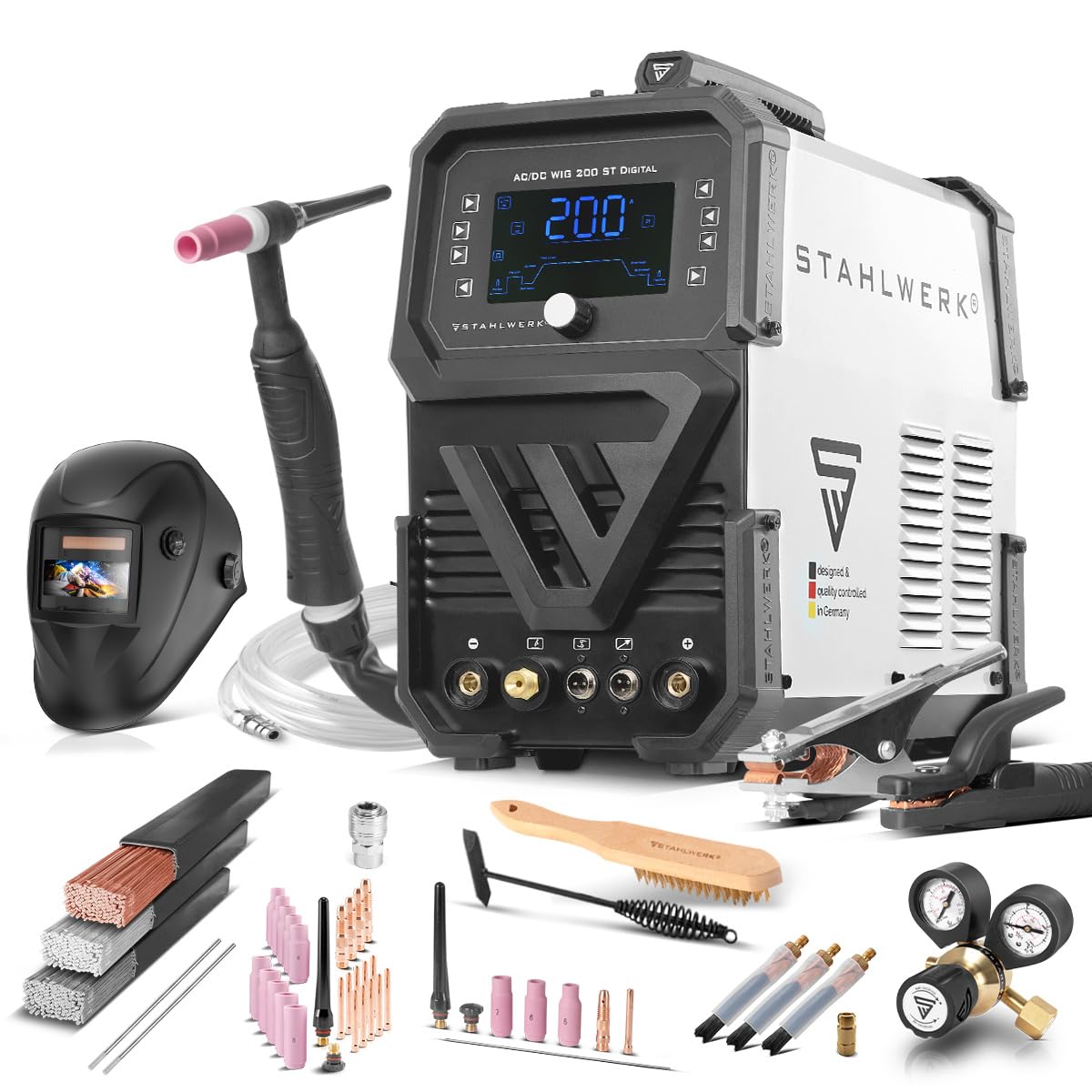 STAHLWERK Soldador combinado 3 en 1 AC/DC TIG 200 ST Digital – Equipo completo – Máquina de soldar TIG & MMA (Electrodo), modo Clean para limpieza electroquímica de soldaduras de acero inoxidable
