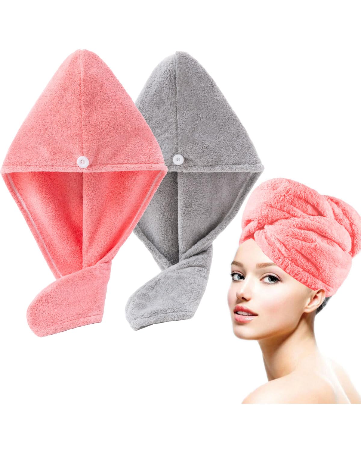 Lumimi Bath Pre Dry Hair Towel 2 Pack Quick Dry Hair Super Absorbent Lightweight Turban with Button Hair Drying Wrap Shower Wellness, Red Grey