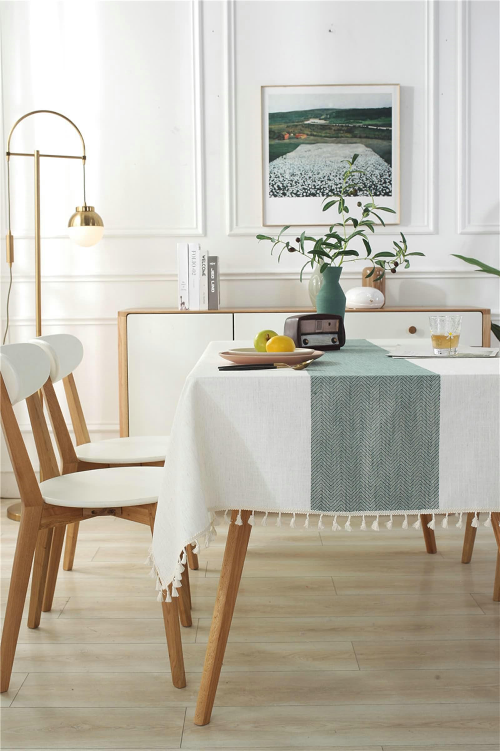 Gualiy Mantel Mesa Comedor Rectangular, Lino Poliéster Manteles Mesa Cafe 140x200CM Mantel Antimanchas Salon Rayas Onduladas con Borlas Manteles para Mesa Cocina, Verde