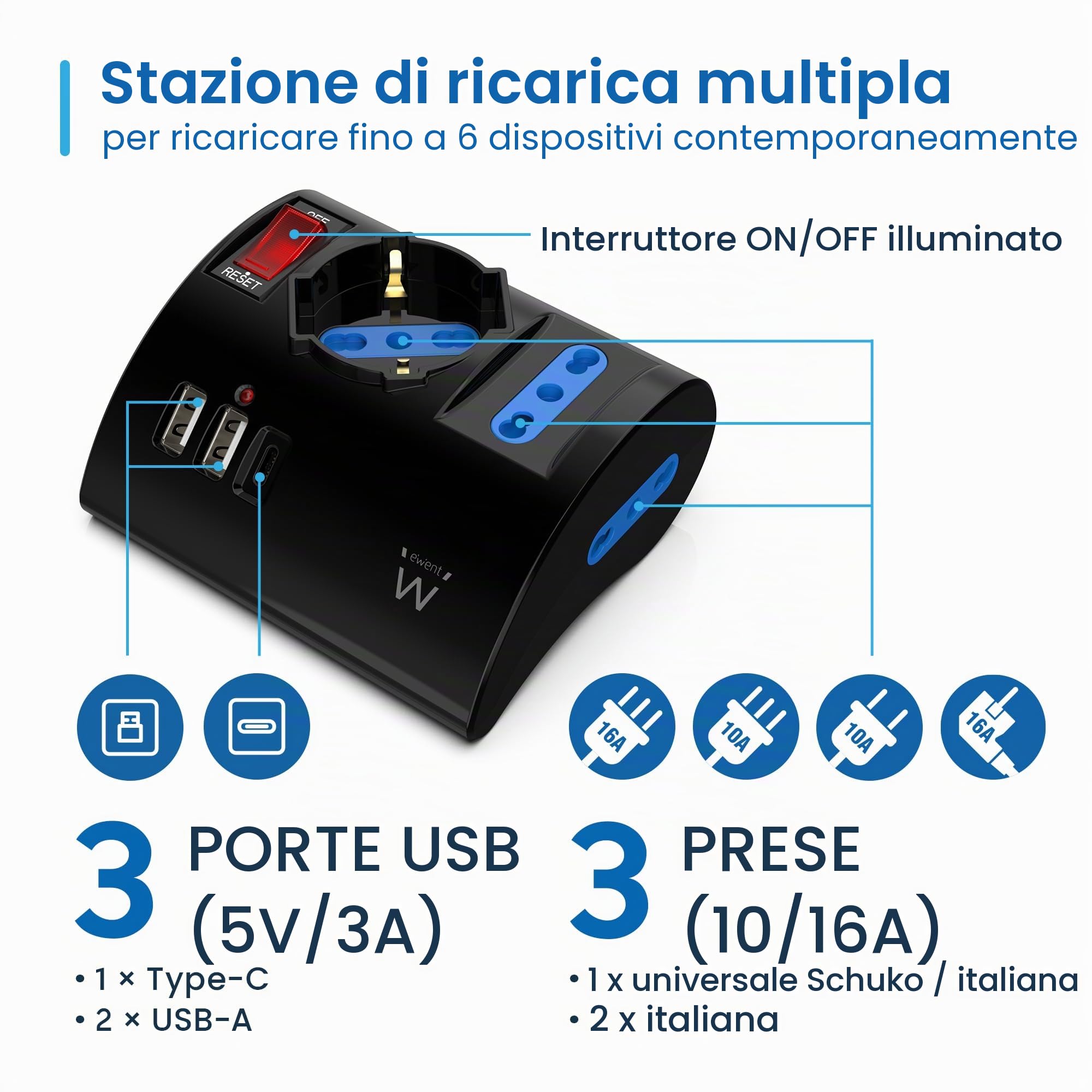 Ewent Multipresa da scrivania/tavolo con 3 Prese 10/16A e 2 porte USB-A e 1 porta USB-C, Interruttore ON/OFF, 3500W, Protezione da Sovraccarico,Spina IT10A e cavo da 2mt,Nera, 3 prese (2ITA/Schuko)
