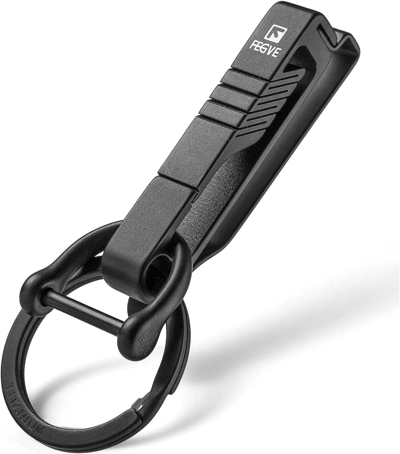 FEGVE Key Belt Clip, Titanium Belt Key Holder Carabiner Keychain Clip with Titanium Key Ring and D-Shaped Keyring for Men(Black)