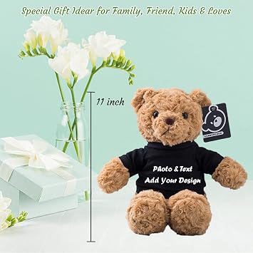 Personalized Gifts for Women/Men Stuffed Bear Plush Toys with Customized Text, Personalized Teddy Bear with T-Shirt as Unique Gifts for Christmas/Valentines Day/Birthday (11 in-Black)