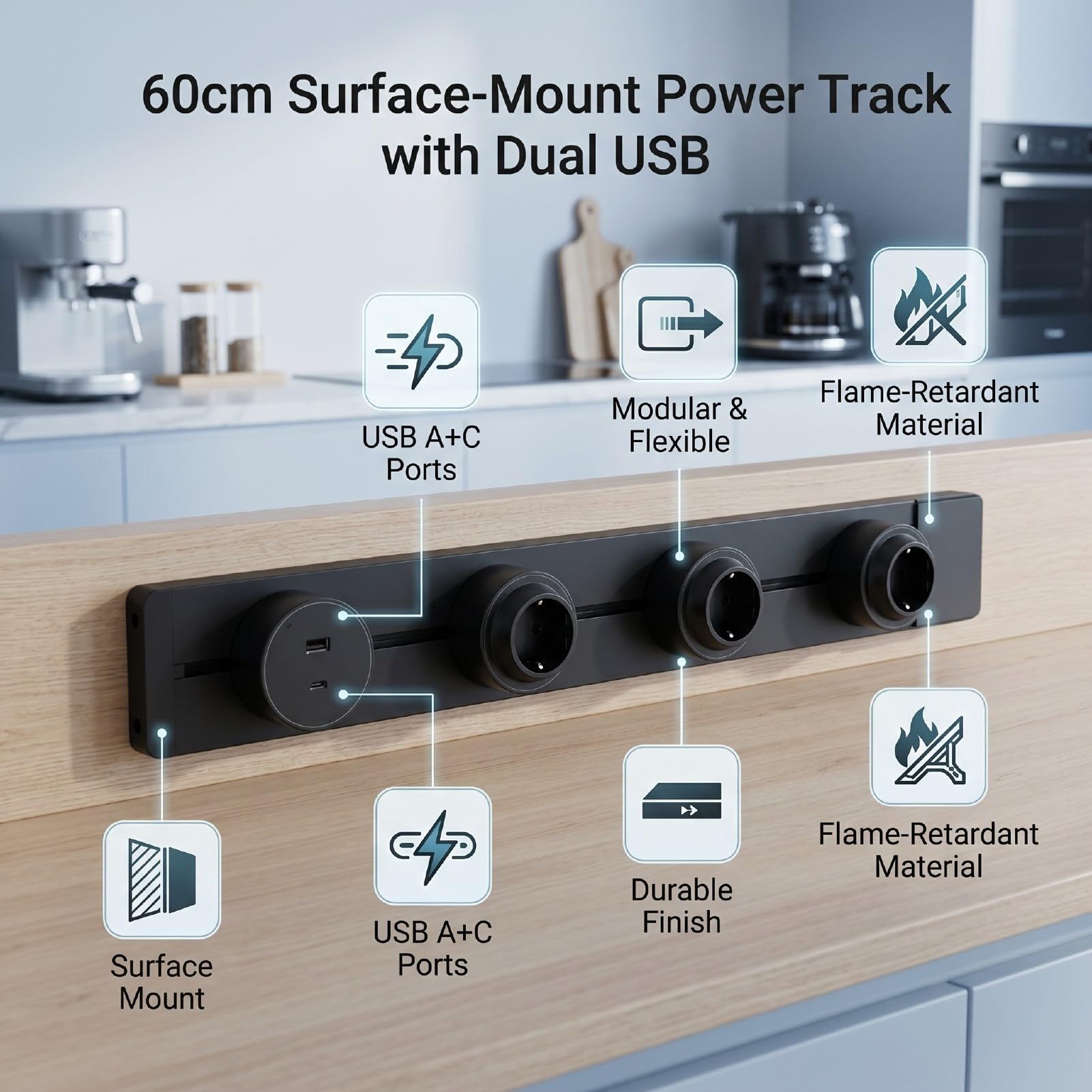 Presa Power Track da 60 Cm, 3 Prese CA con USB A e C, Luce Blu da
