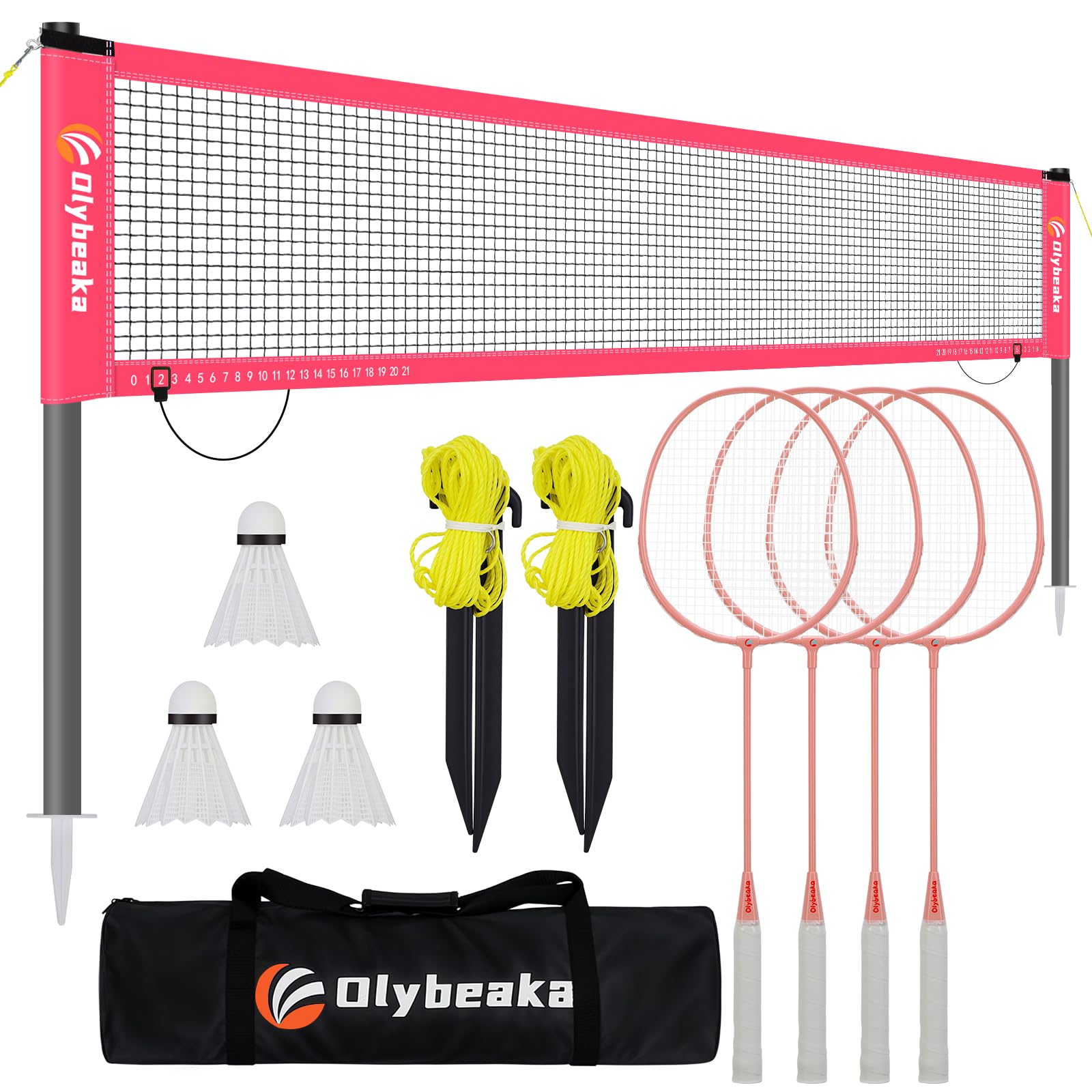 Portable Outdoor Badminton Set with 20 * 3 ft Durable PE Net, 5.1ft Heavy Duty Steel Poles, 4 Badminton Rackets, 3 Shuttlecocks and 600D Carry Bag for Driveway Backyard, Beach, Park