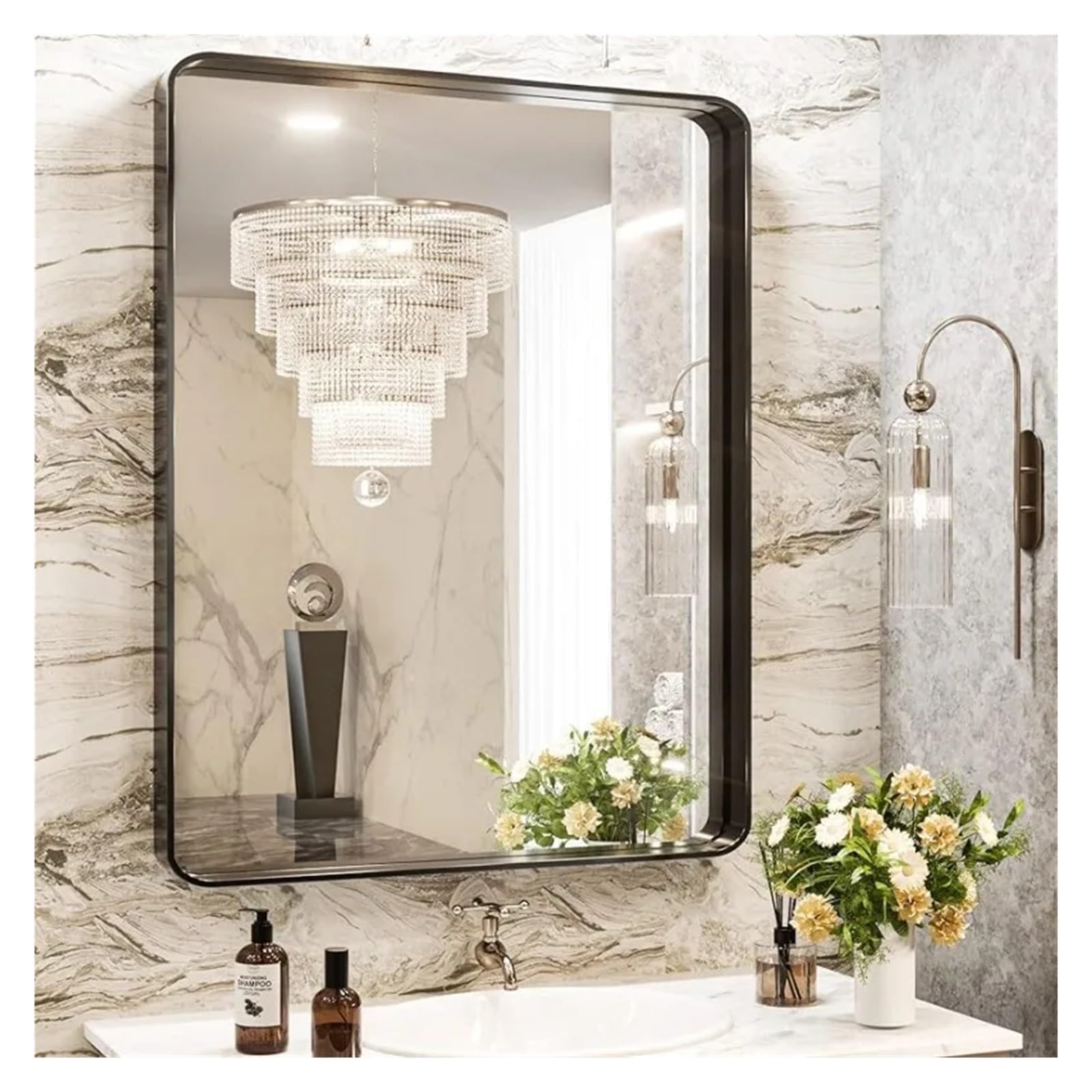 Specchio da Bagno, Specchio da Parete a Specchio Compatibile con Il Bagno Cornice angolare Decorativa Rettangolare in Metallo Nero montata a Parete per Decorazioni per l