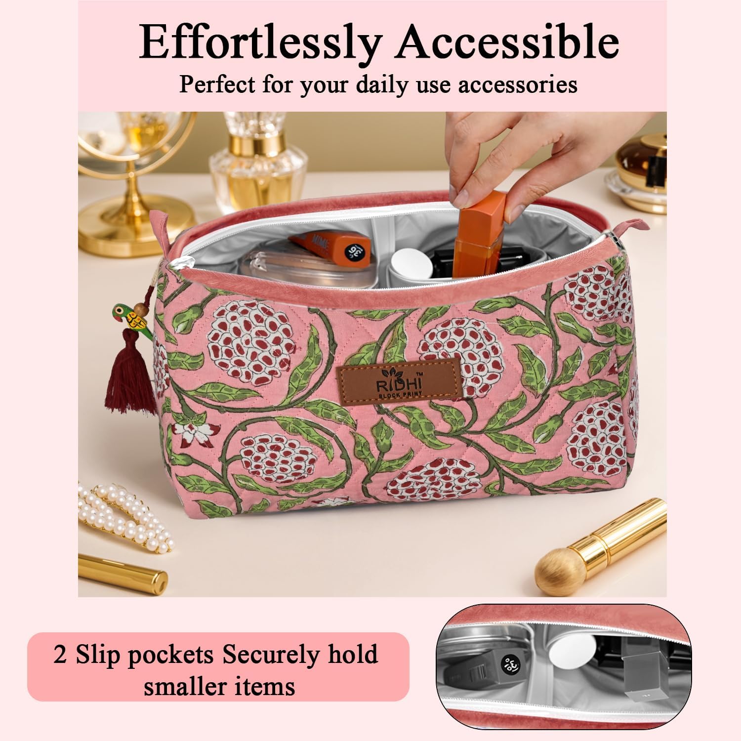Ridhi Strawberry Pink Hand Block Print 100% Cotton Toiletry Bag, Set of 3 image 2