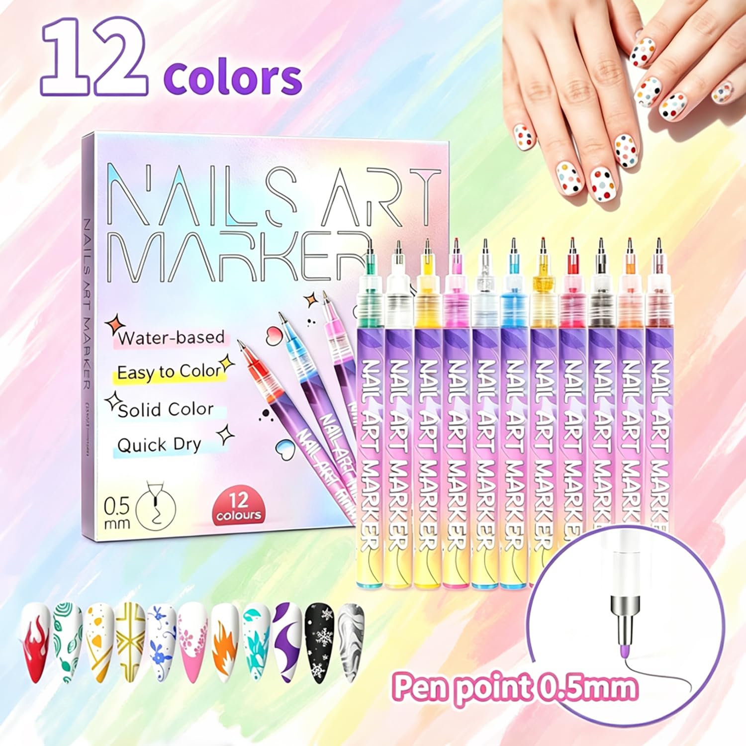 12 Color Nail Art Pens, 0.5 MM Nail Polish Pens Set Drawing Painting Point Liner Acrylic Painted Pen Kit, Waterproof and Quick-drying Nail for DIY Nails Art Design Manicure Tools (0.5mm)