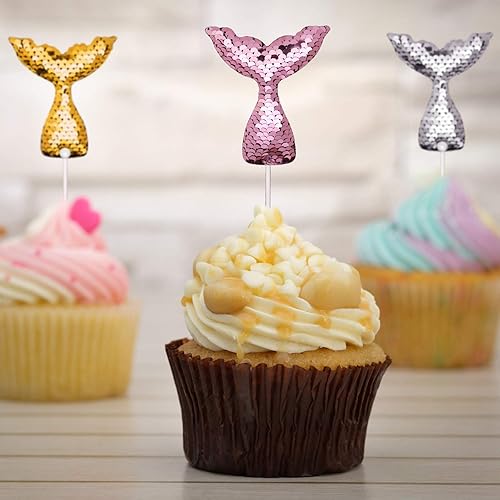 Miniatura 4 de 14 piezas de decoración de cupcakes con cola de sirena, pequeñas y reversibles con lentejuelas, para decoración de pasteles de cumpleaños, palillos