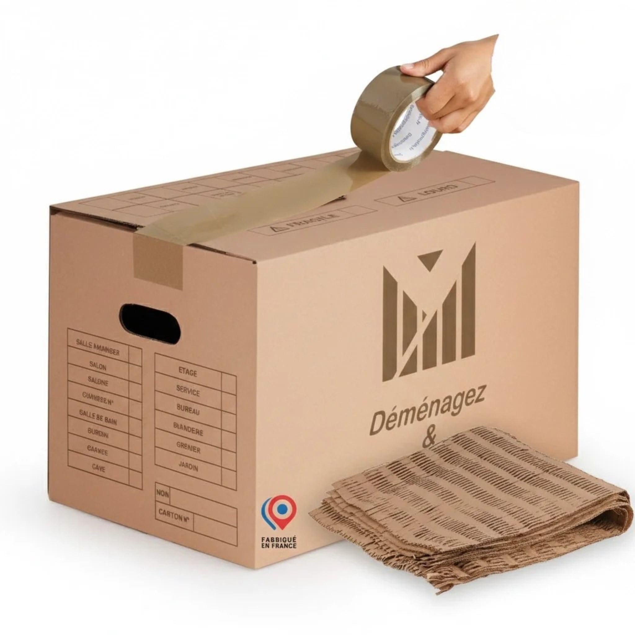 Kit Déménagement T2 – 30 cartons 50x30x30 cm, rouleau adhésif 68m, tapis de calage. Écoresponsable, économique et prêt à l’emploi !