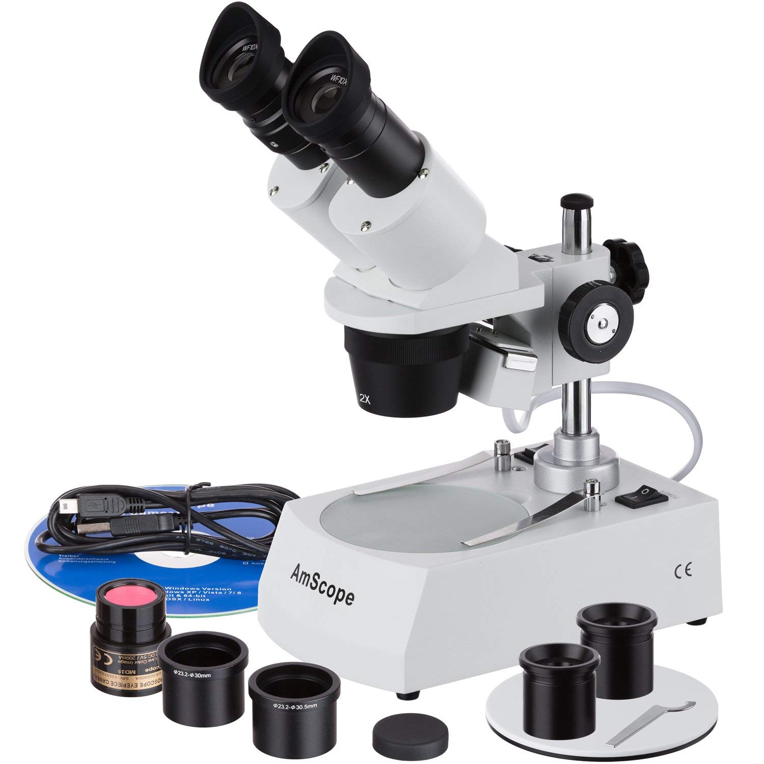 AmScope SE306R-PZ-E Digital Forward-Mounted Binocular Stereo Microscope, WF10x and WF20x Eyepieces, 20X/40X/80X Magnification, 2X and 4X Objectives,