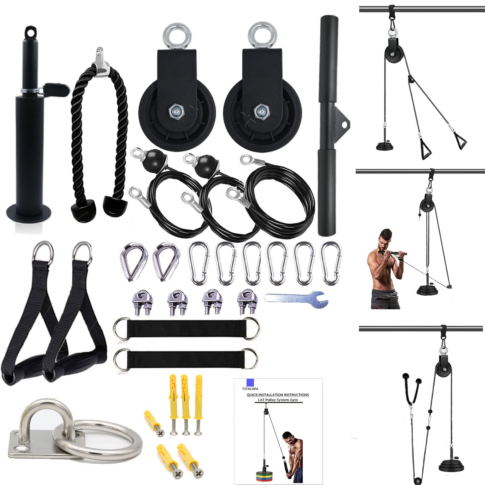 TSTACAPA Upgraded Cable Pulley System Gym, DIY Pulley Cable Attachment for Biceps Curl, Back, Arm Strength Training, Triceps Pull Down, Fitness LAT and Lift Weight Pulley System Workout Gym Equipment