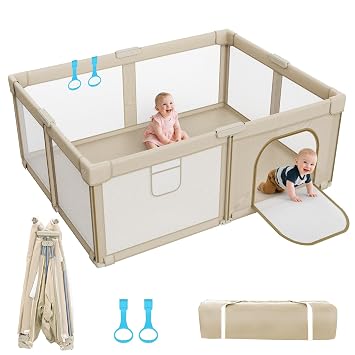 Foldable Baby Playpen 71"x59", Super Large Playpen for Babies and Toddlers | Portable Playpen, Breathable Mesh, No Assembly, 2 Pulling Handles, With Carry Bag, Indoor Outdoor Use
