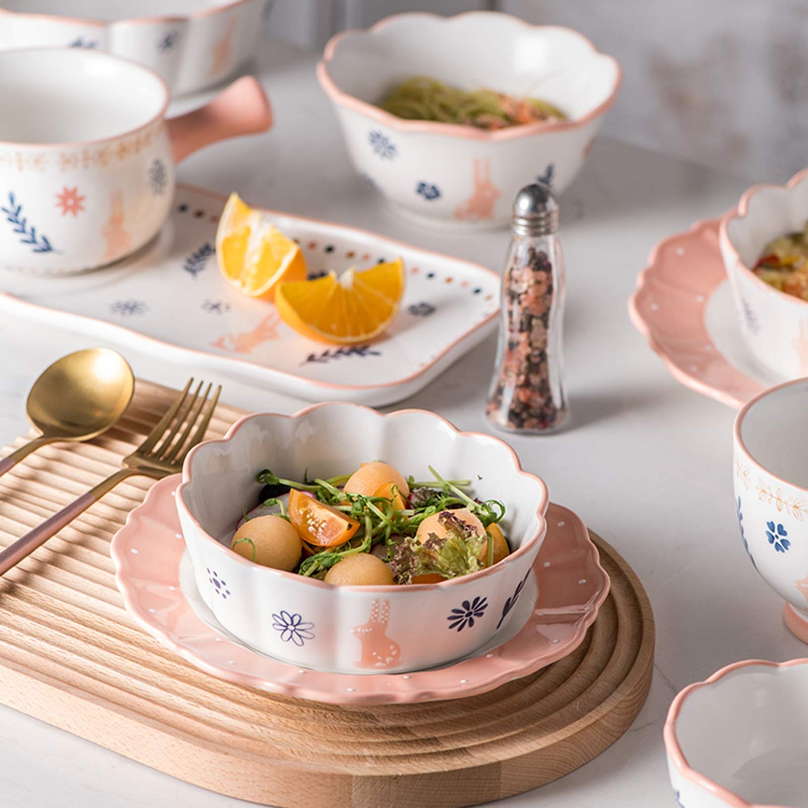 Ensemble de Vaisselle de Cuisine, Ensembles de Vaisselle en céramique, Ensemble de dîner en Porcelaine à Motif de Lapin 33 pièces pour Mariage, Ensemble de TASS(