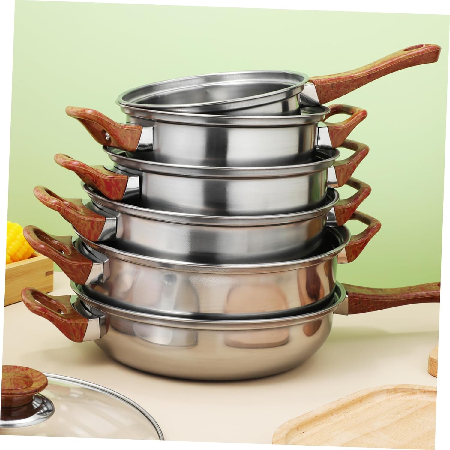 BESTOYARD 6pcs Stainless Steel Cooking Pot Set with Grain Handle Nonstick Cookware for Induction Electric and Gas Stovetops Versatile and Easy to Clean