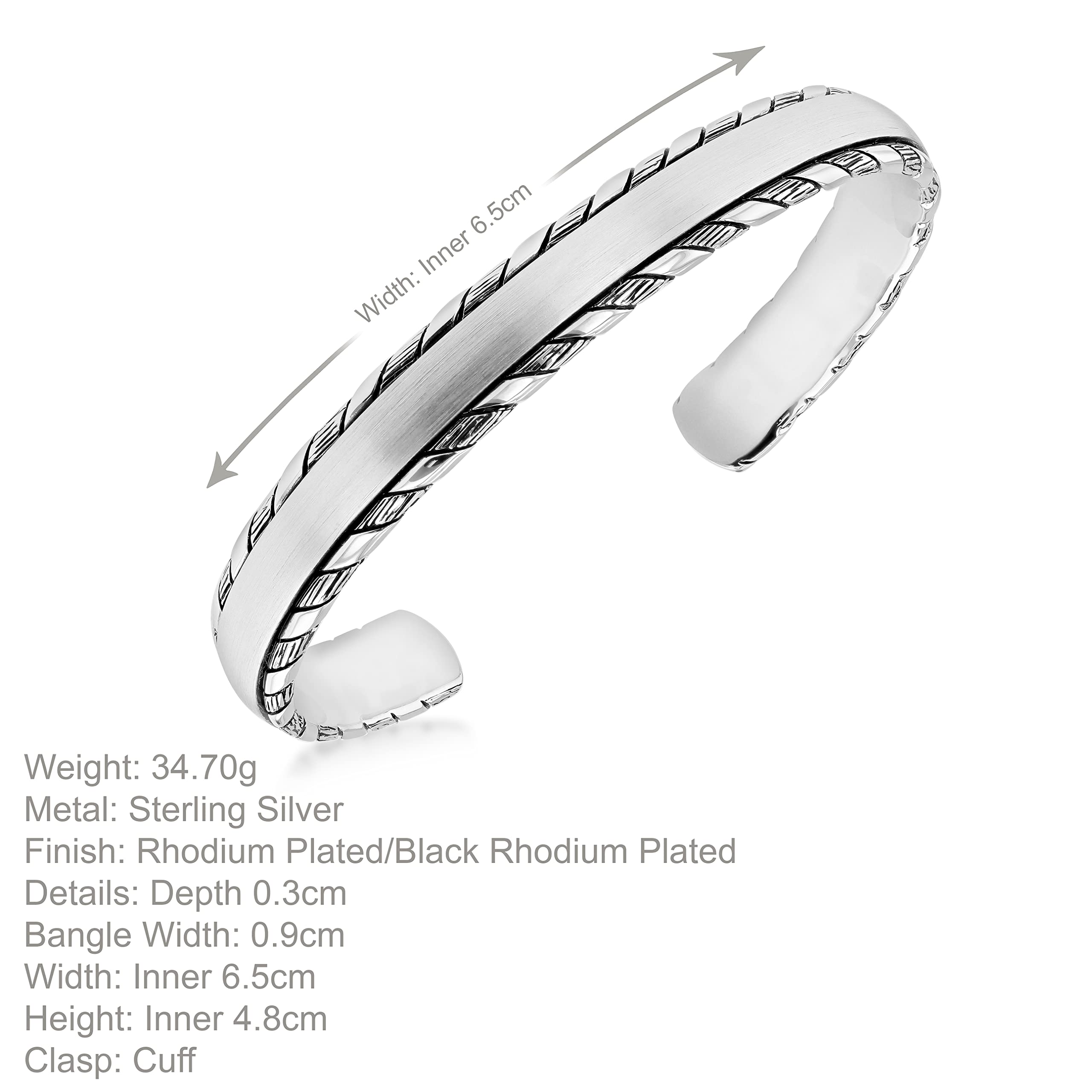 Tuscany Silver Brazalete de plata de ley chapado en rodio mate cepillado y trenzado para hombre, talla única, Plata chapada en rodio