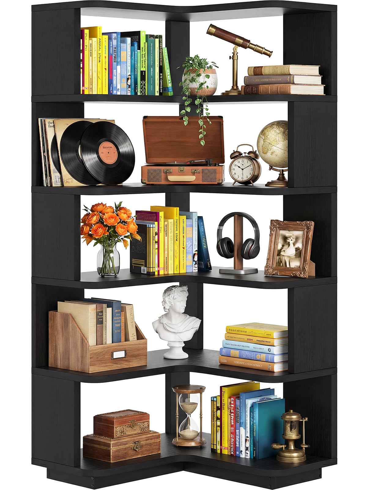 iSunirm Eckregal mit 5 Ebenen, L-Form Bücherregal für Ecken, Modernes Standregal Aktenregal für Wohnzimmer, Schlafzimmer & Büro, Holzregal Platzsparend, 60x60x162 cm, Schwarz