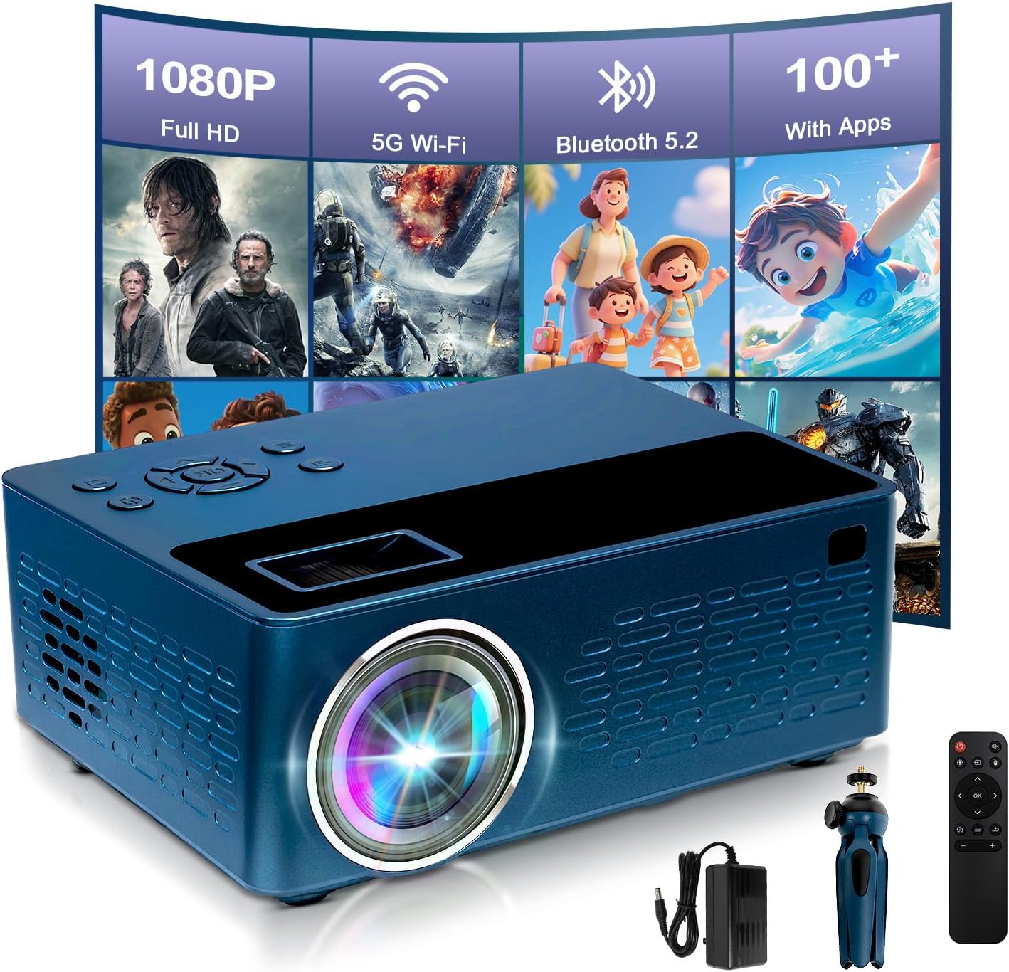 [Built-in Apps] 5G WiFi Bluetooth Smart Projector,Comes with a mini stand ,Mini Projector with Stereo Speaker,1080P Full HD Portable Projector, Compatible with TV Stick Smartphone/ pc/USB (With Apps)