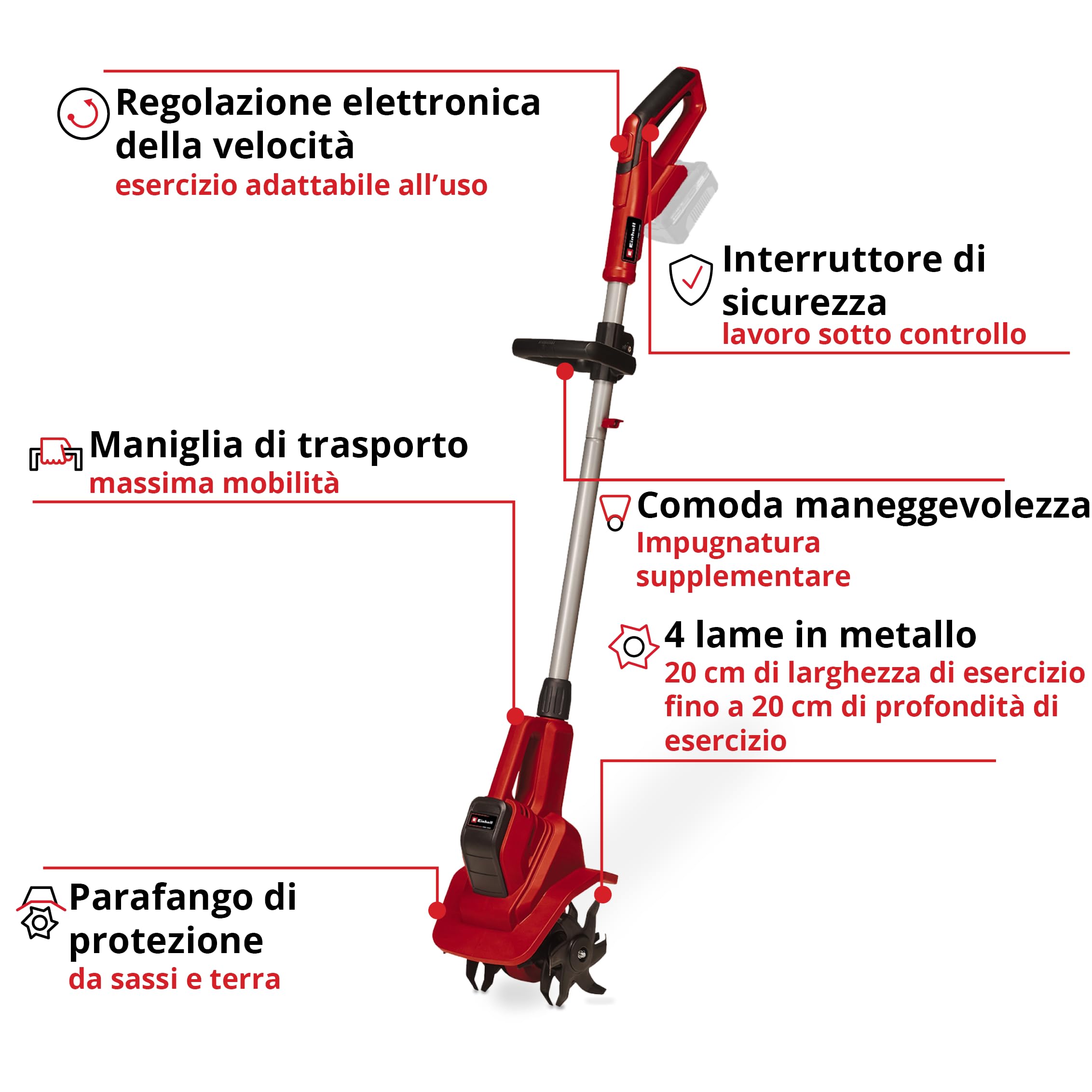 Einhell Motozappa a batteria, 18 V, agli ioni di Li, regolazione della velocità, lama scarificatrice, presa aggiuntiva, senza batteria o caricabatterie, colore: rosso/nero