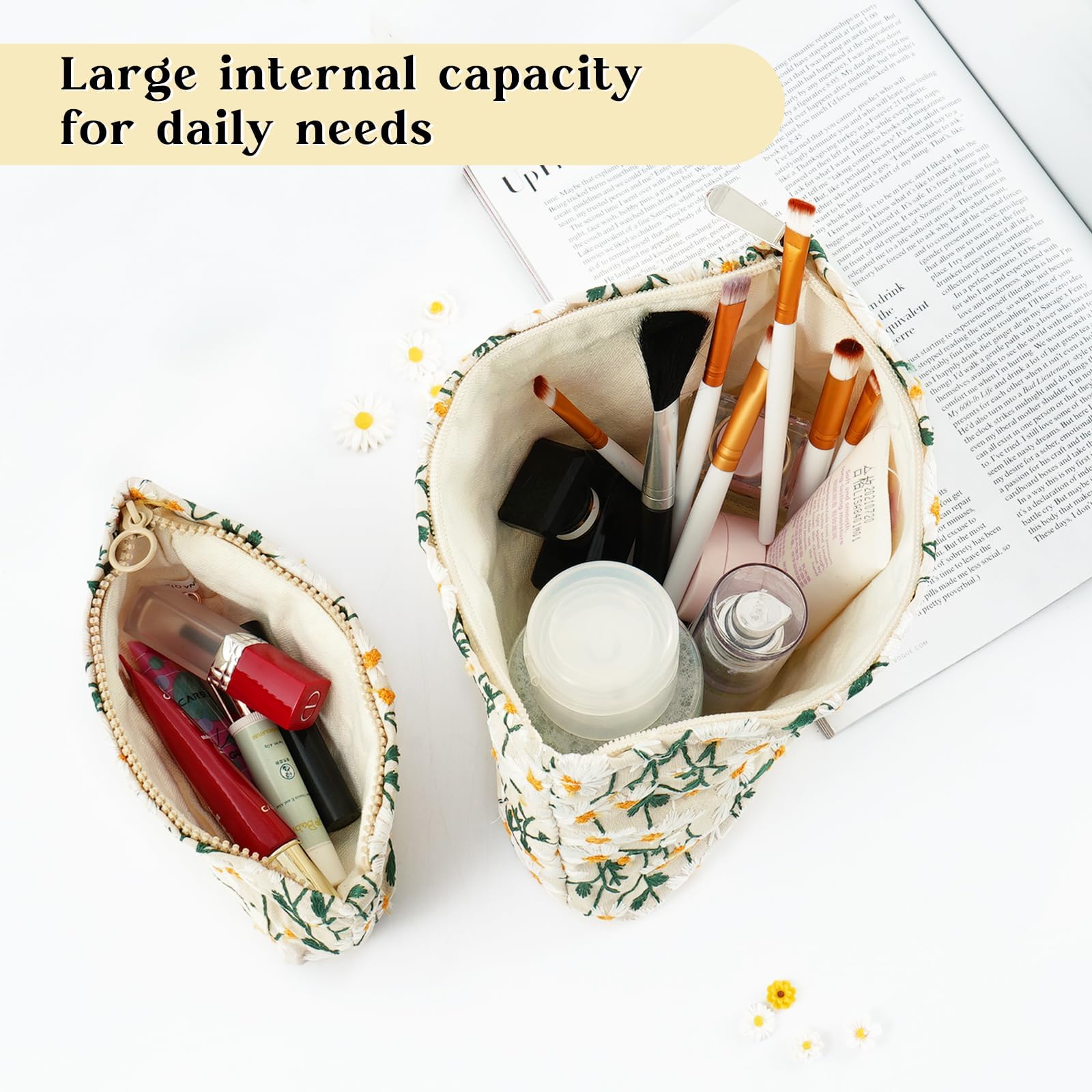 Set 2 Makeup Bag Floral Large Cosmetic Bags Mini Pencil Case Daisy Travel Toiletry Bag Multifunctional Pouch for Women - Image 4