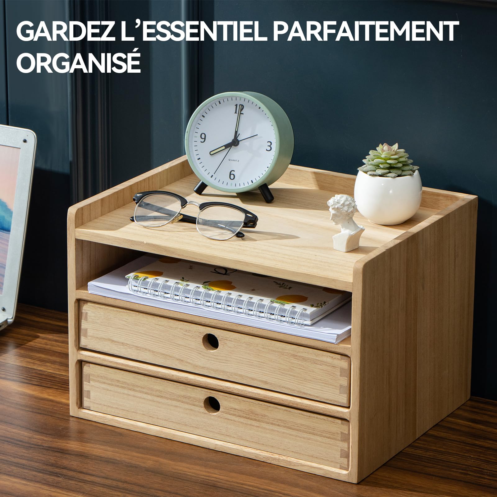 KIRIGEN Boîte de rangement en bois massif Organiseur de bureau Plumier multifonctionnel Grande capacité