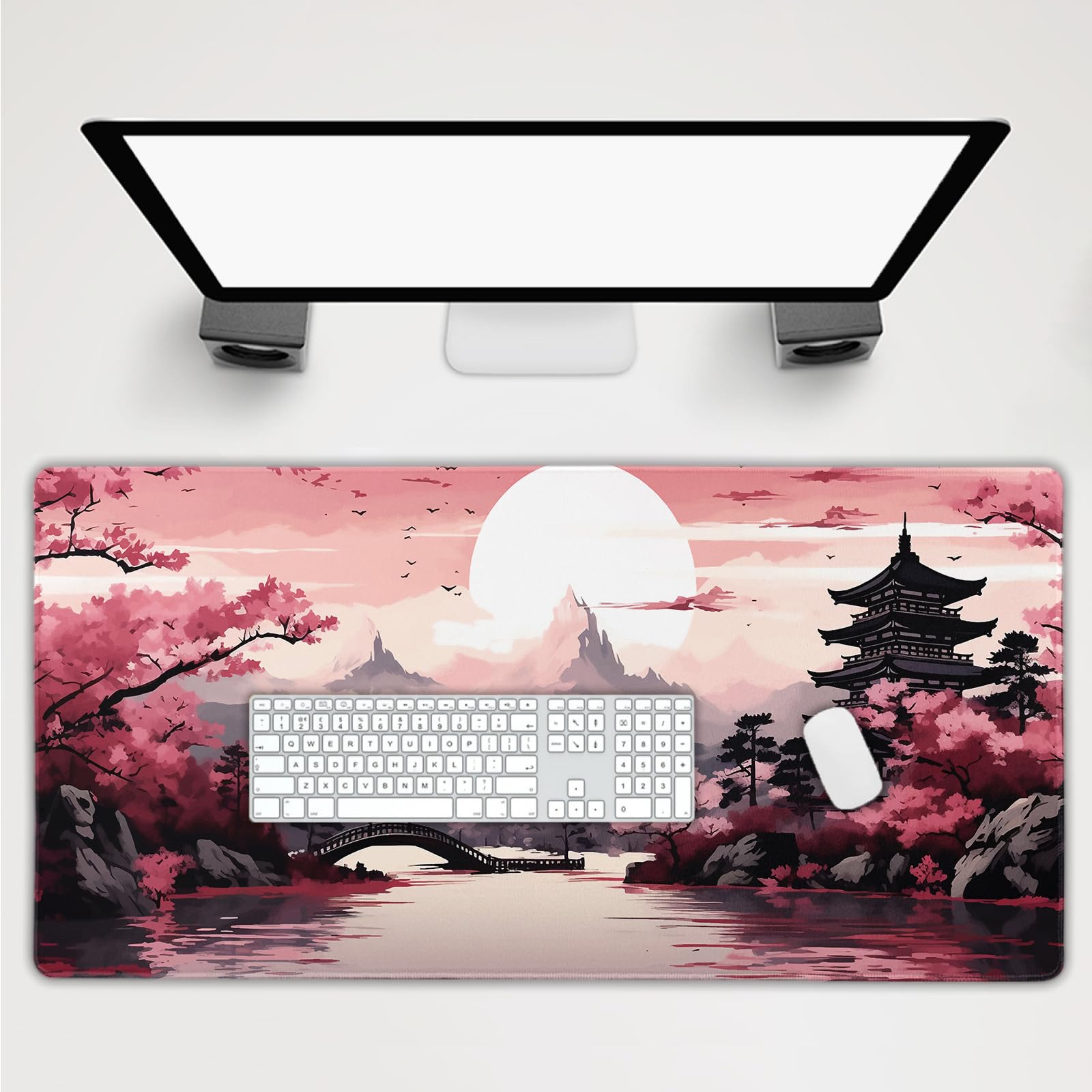Pink Japanese Sakura Gaming Mouse Pad Extended 3XL Cherry Blossom Tower Mountain Landscape Large Desk Mat Big Mousepad Non-Slip Rubber Base Stitched Edge Long Desk Pad for Gamer,47.2x23.6in,120x60cm