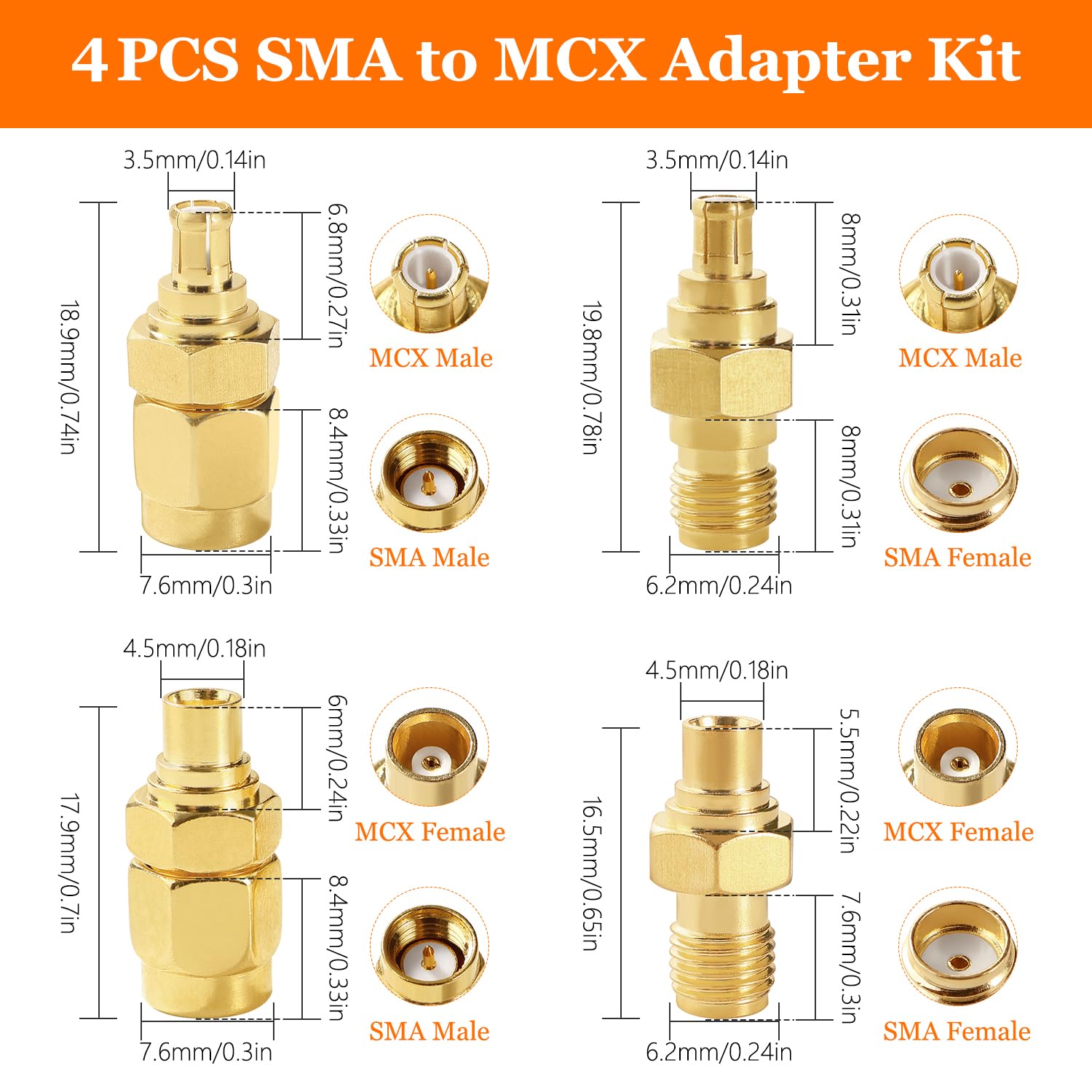 SMA Adattatore MCX Kit 4 Pezzi, Antenna Connettore per 4G LTE WiFi Router GPS