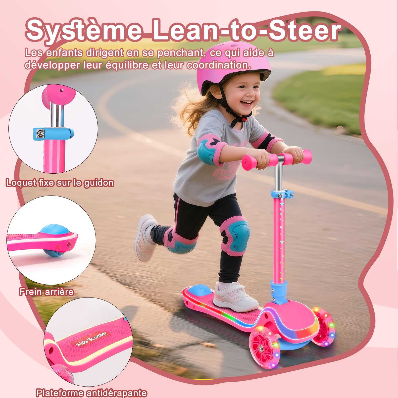Trotinette Enfant 3 Roues de 2 à 10 Ans, Trottinette avec Siège 2 en 1, Trottinette Pliable avec Guidon Réglage en Hauteur et Roues LED, Scooter Antidérapant pour Filles et Garçons