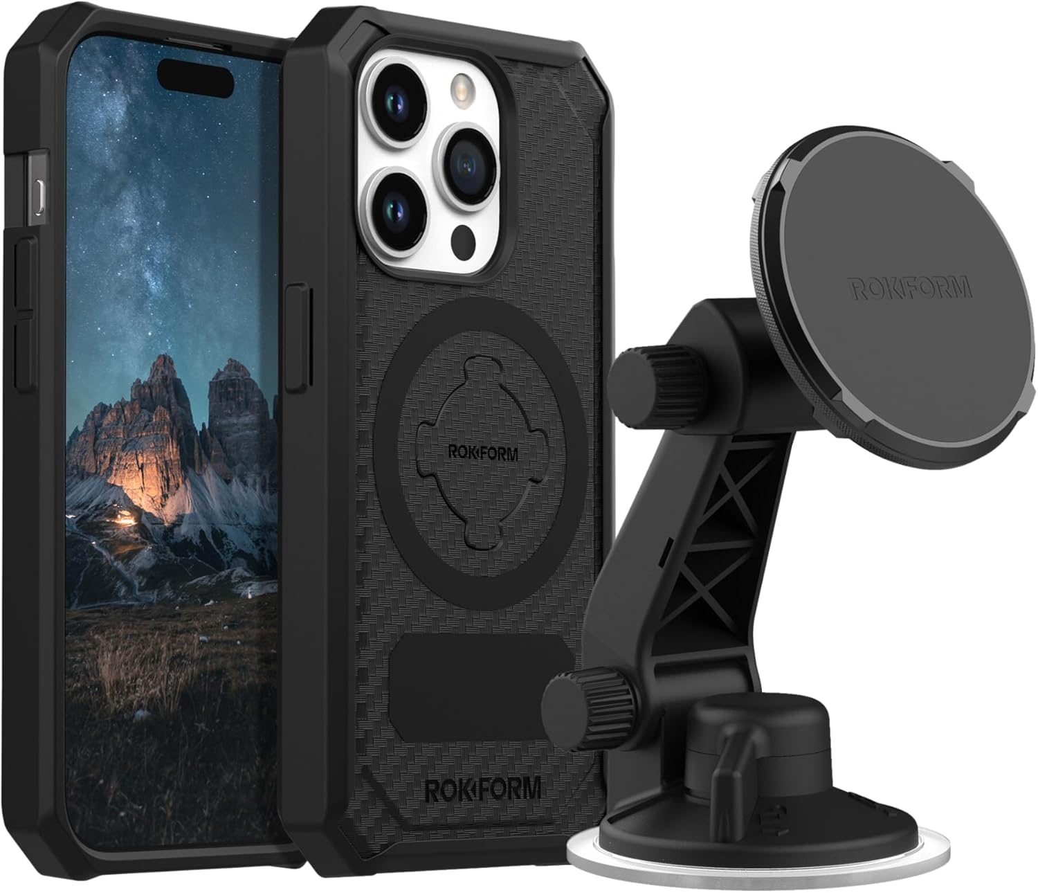 Rokform - iPhone 15 Pro Rugged Case + Magnetic Windshield Suction Phone Mount
