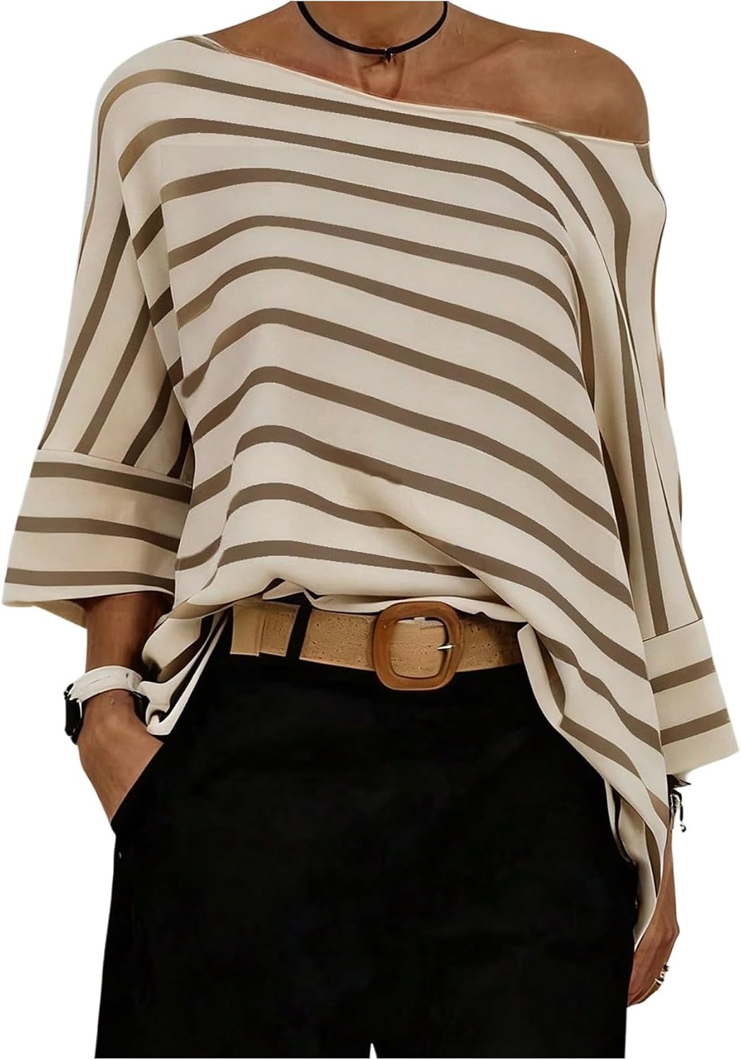 GORGLITTER Women's Striped Off The Shoulder Tops 3/4 Sleeve Asymmetrical Dressy T Shirts Business Casual Outfits