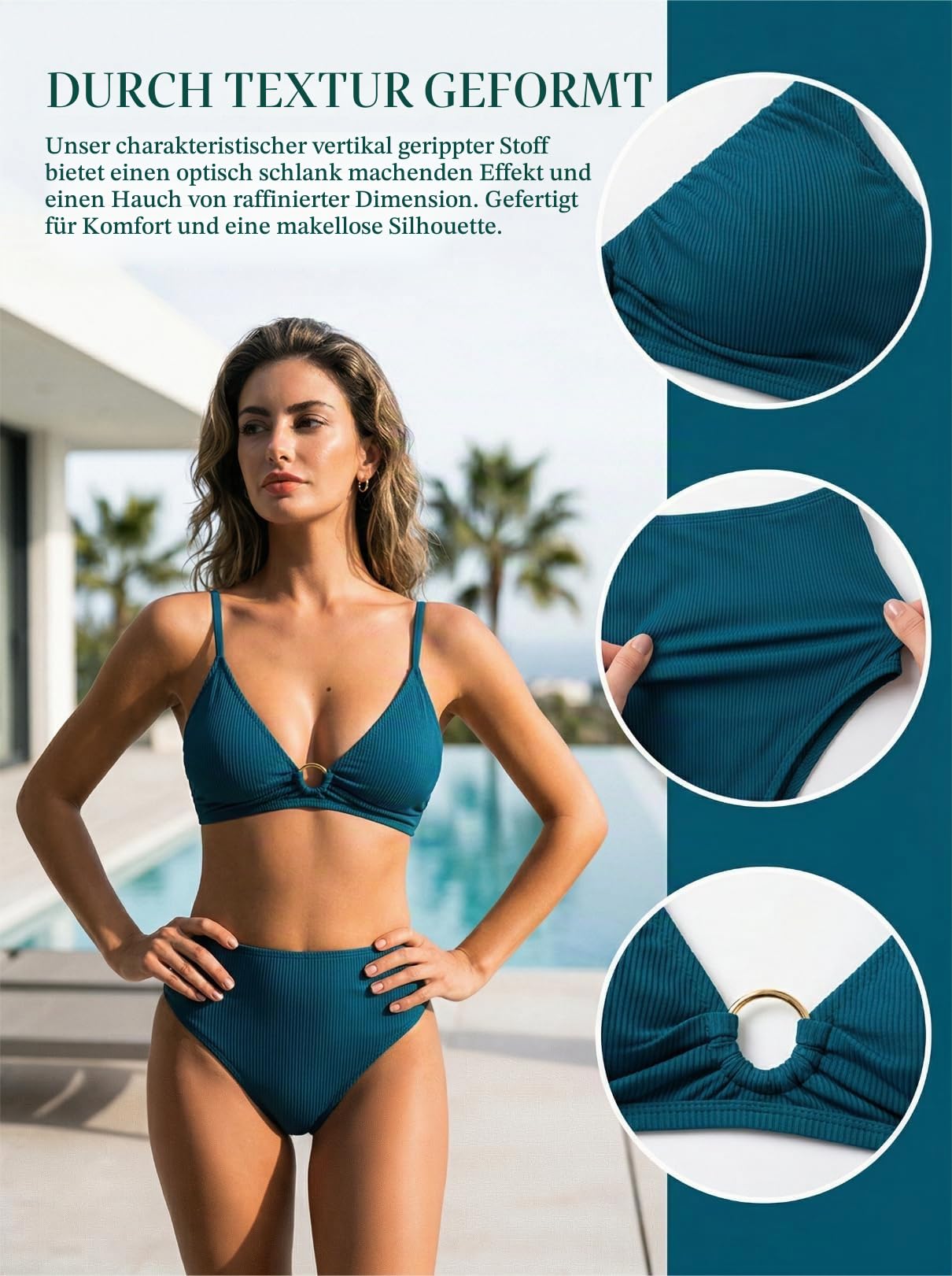 CUPSHE Bikini Set Hochtailliert V Ausschnitt O Ring Abnehmbare Träger Raffungen Zweiteiliger Badeanzug