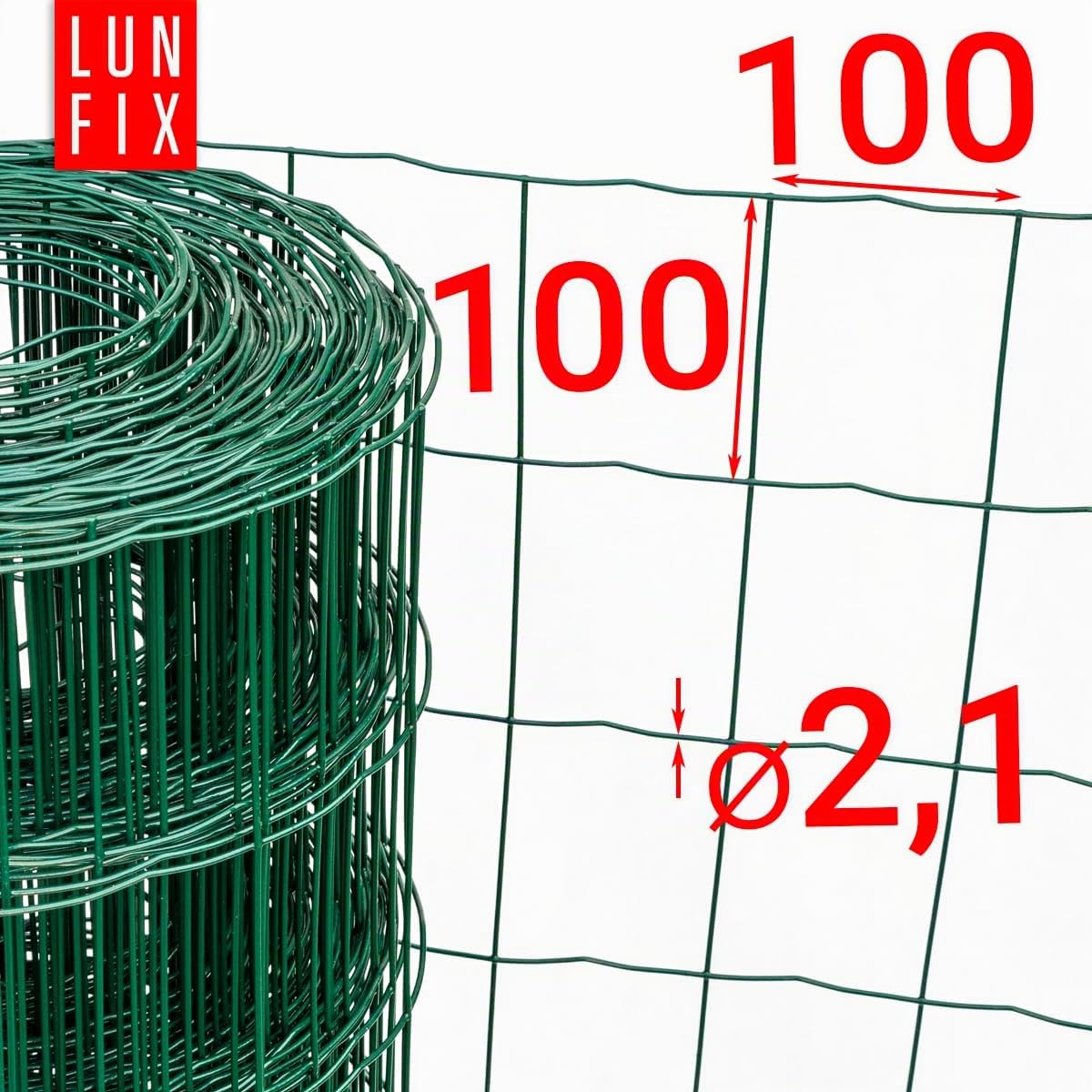 Valla de alambre - acero galvanizado verde revestido de PVC, 10 x 10 cm, Ø 2,1 mm, 1,5 m x 20 m, valla de jardín, valla para perros, valla de caza, valla de gallinas, malla de alambre soldada, Lun Fix
