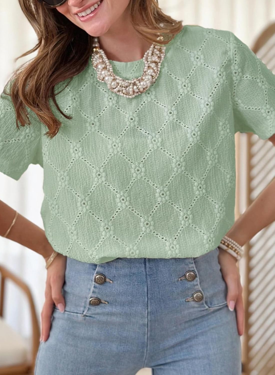 Dokotoo Women's Tops Casual Scoop Neck Short Sleeve Eyelet Embroidered Hollow Out Blouses Shirts - Image 2