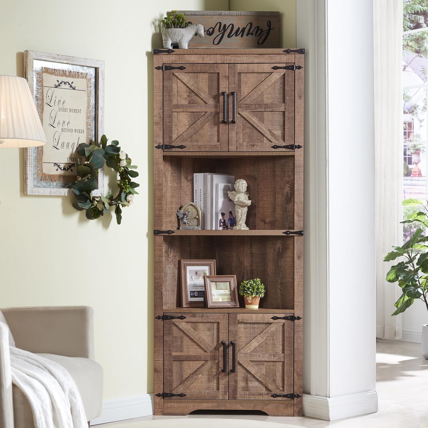 Farmhouse Corner Cabinet, Tall Corner Bathroom Storage Cabinet with Barn Door & Adjustable Shelves, for Living Room, Kitchen,Utility Room (Rustic Brown)