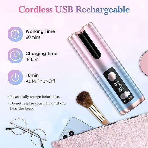 Miniatura 6 de Rizador automático, rizador de pelo automático inalámbrico con 6 temperaturas y 6 temporizadores, rizador giratorio recargable con varita rizadora