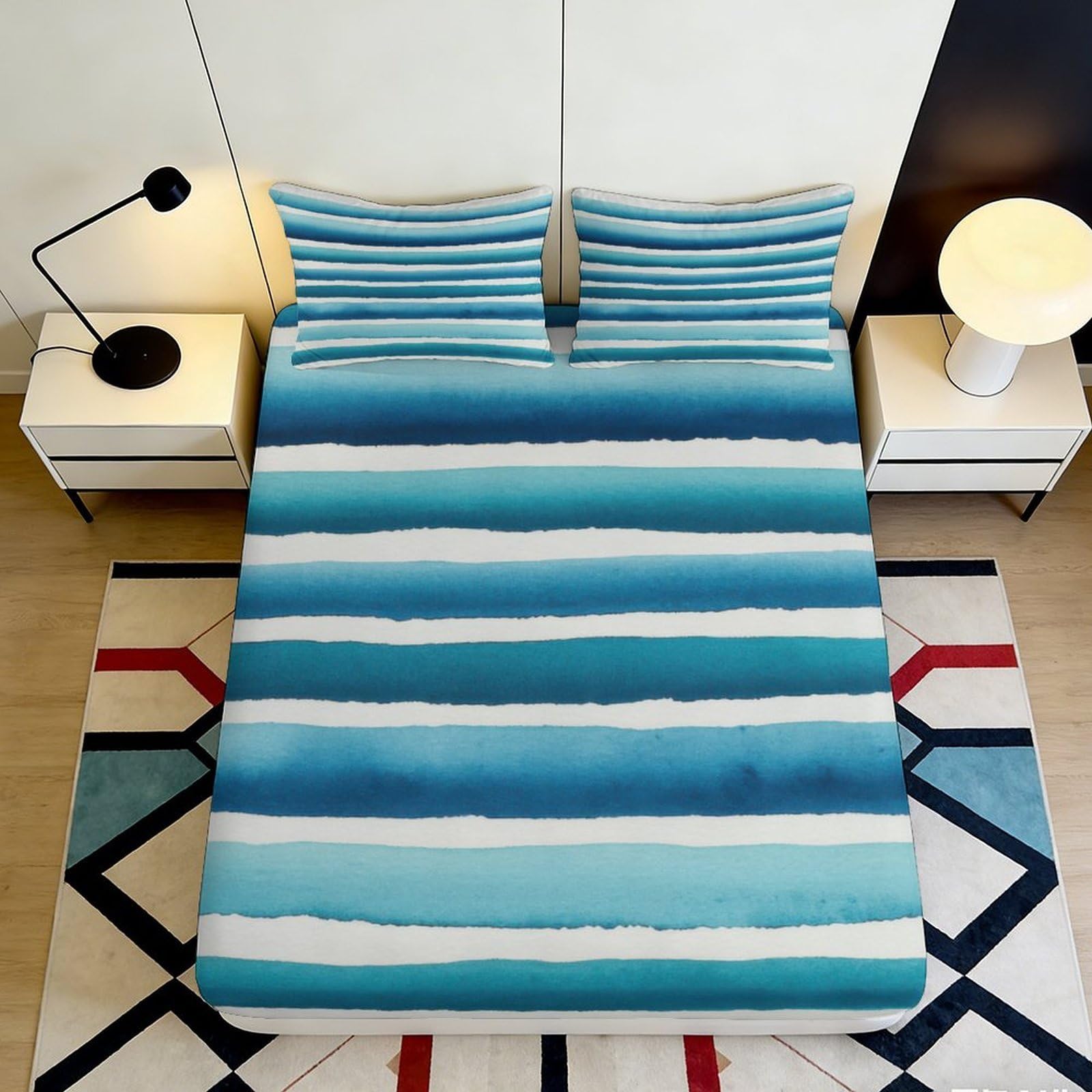 Pnayamiorkfel Style-10 3D Printed Ocean Blue Stripe Fitted Sheet Microfiber Soft Mattress Cover For Bedroom Guestroom Dorm Protection Decor 90X200x25cm
