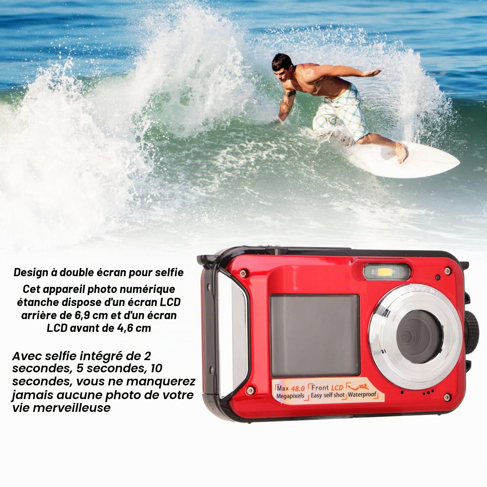 Appareil Photo Numérique Étanche 10ft Double Écrans 16X Zoom Numérique Full HD 2.7K 48MP pour Natation Plongée Surf Rivière Stream Océan Paysage Parc Aquatique Photographie(Rouge)