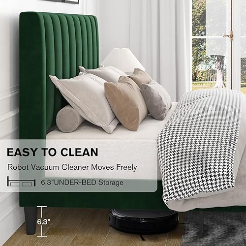 Miniatura 5 de IMUsee Base de cama tapizada de terciopelo tamaño Queen con cabecero, listones de madera fuertes, somier opcional, base de colchón, fácil montaje,