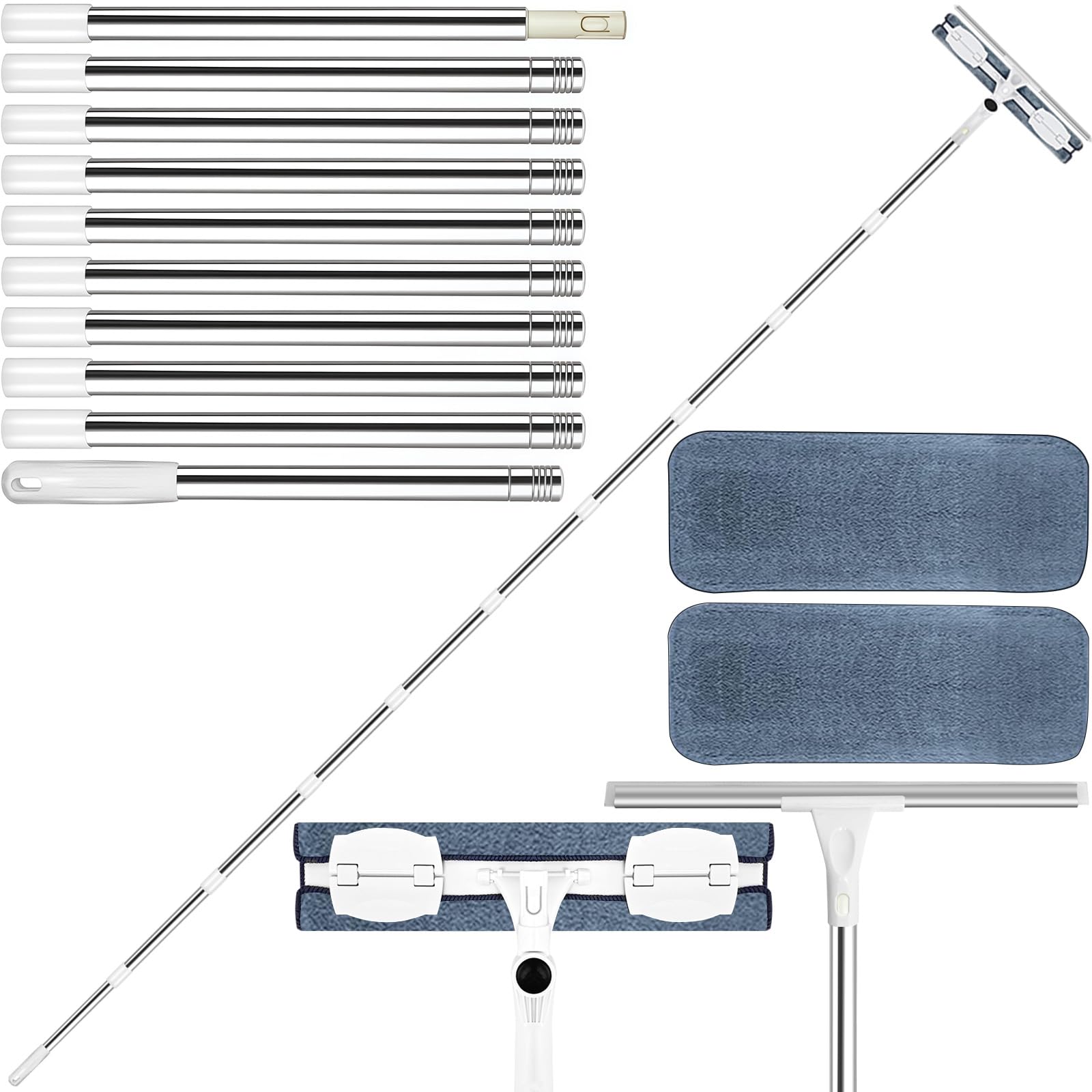 Teleskop Fensterwischer 388 cm, Professioneller Fensterputzer Set, 2 In 1 Teleskopstange Fensterreinigung mit 39 cm Squeegee und 39cm Mikrofasertuch für Hohe Fenster Im Innen und AußEnbereic
