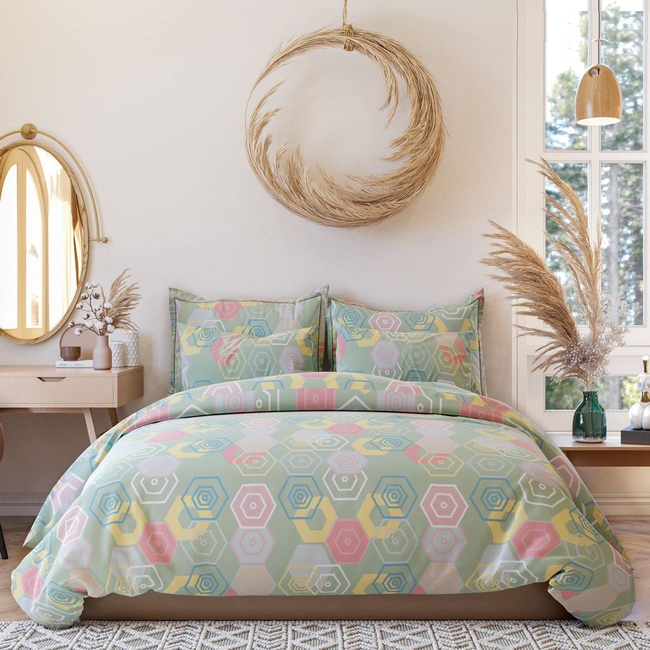 THE HOME STYLE Supersoft Cotton King Size Printed Flat Double Bedsheet wih 2 Pillow Cover II 400 TC, 90"x100" Inch (King, Envy Green)